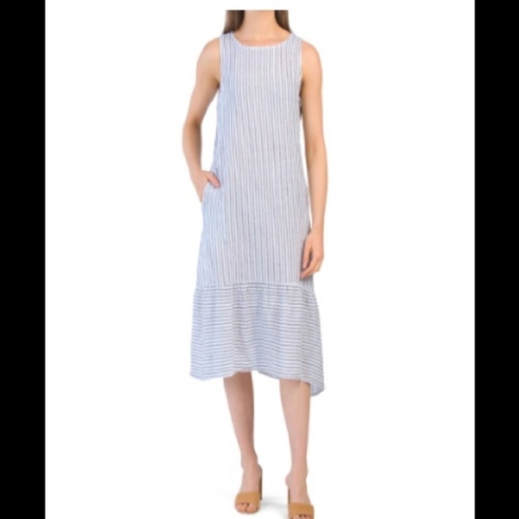 Francesca‎ Bettini Linen Striped Sleeveless Midi Dress L Pockets Lagenloo… - Picture 3 of 13